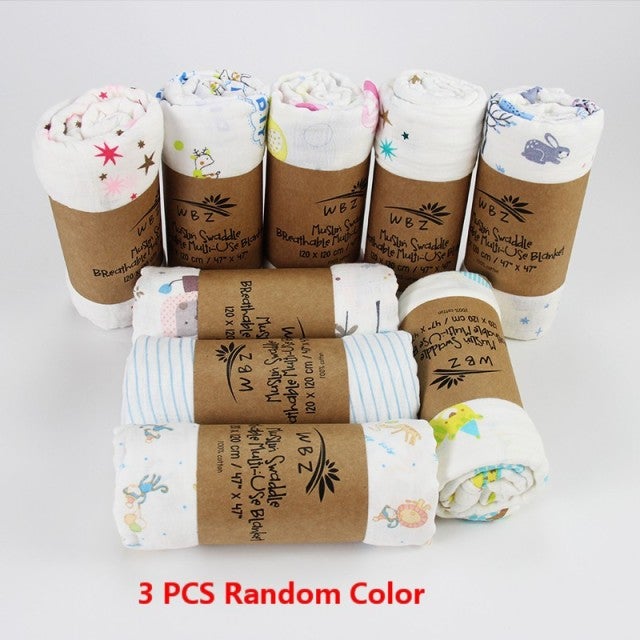 100% Cotton Baby Muslin Multipack Wraps Blanket & Swaddling Best Nappy Bags 3 Assorted Colours