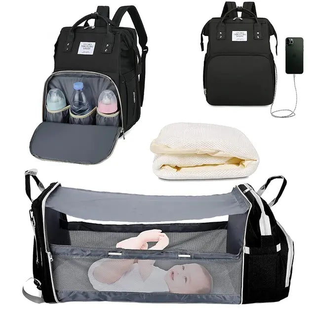 3-in-1 Nappy Bag Backpack with Cot Diaper Bags Best Nappy Bags Black