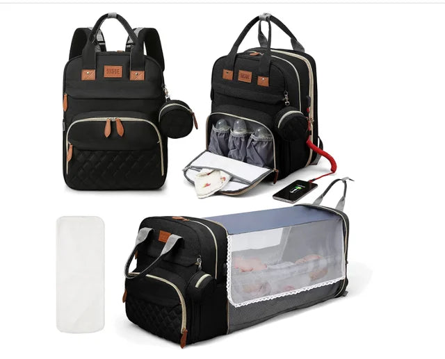 3-in-1 Nappy Bag Backpack with Cot Diaper Bags Best Nappy Bags Black With Net