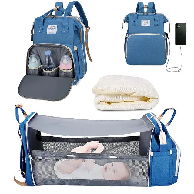 3-in-1 Nappy Bag Backpack with Cot Diaper Bags Best Nappy Bags Blue