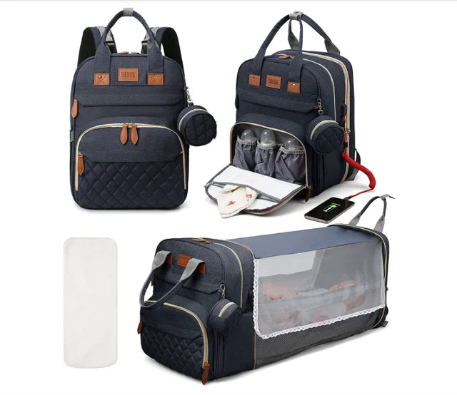 3-in-1 Nappy Bag Backpack with Cot Diaper Bags Best Nappy Bags Blue With Net