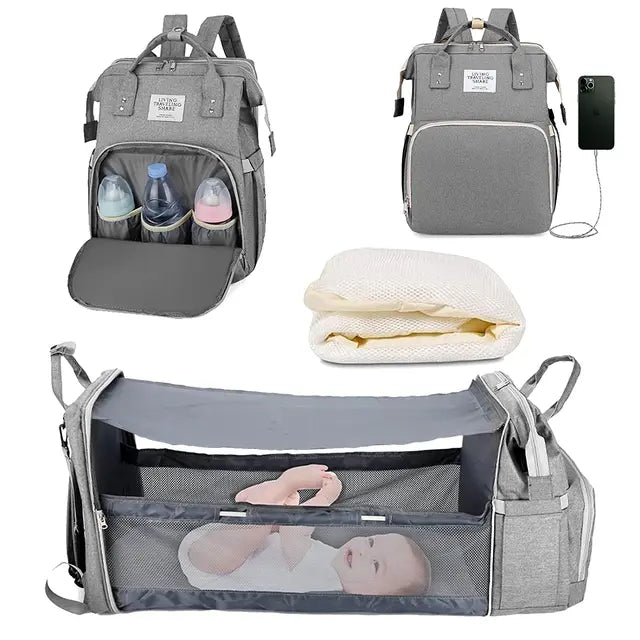 3-in-1 Nappy Bag Backpack with Cot Diaper Bags Best Nappy Bags Grey