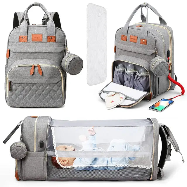 3-in-1 Nappy Bag Backpack with Cot Diaper Bags Best Nappy Bags Grey With Net