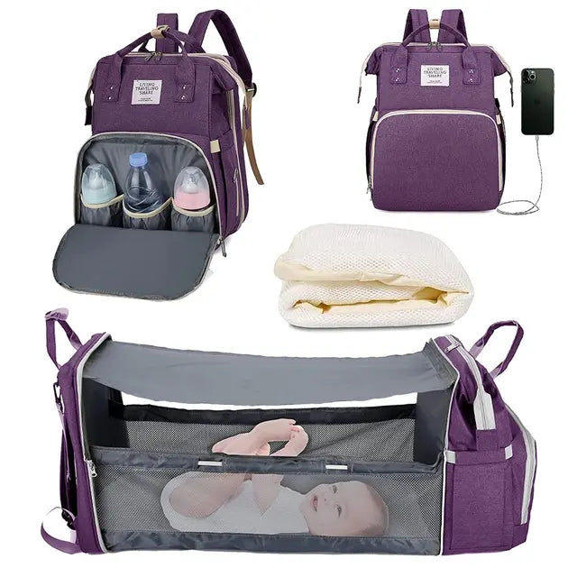 3-in-1 Nappy Bag Backpack with Cot Diaper Bags Best Nappy Bags Purple