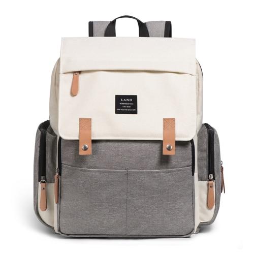 LAND Waterproof Nappy Bag Backpack With Changing Mat! Nappy Bags Best Nappy Bags White + Grey