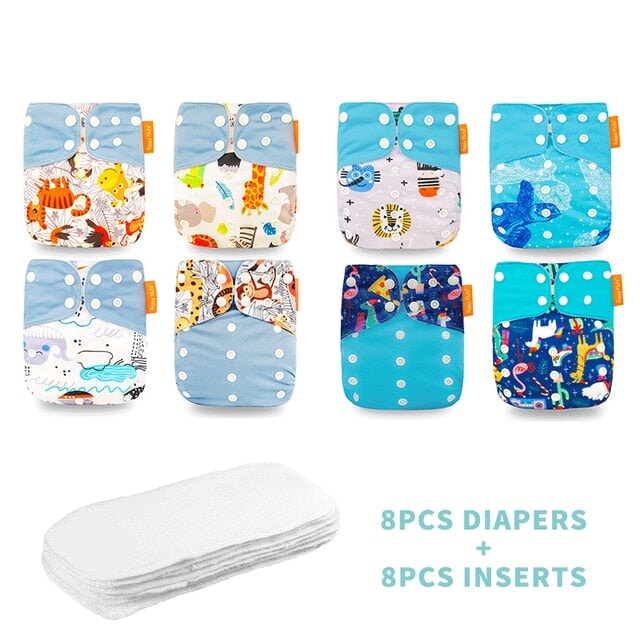 Reusable Cloth Nappies & Inserts x8 Set Cloth Diaper Best Nappy Bags All Blue