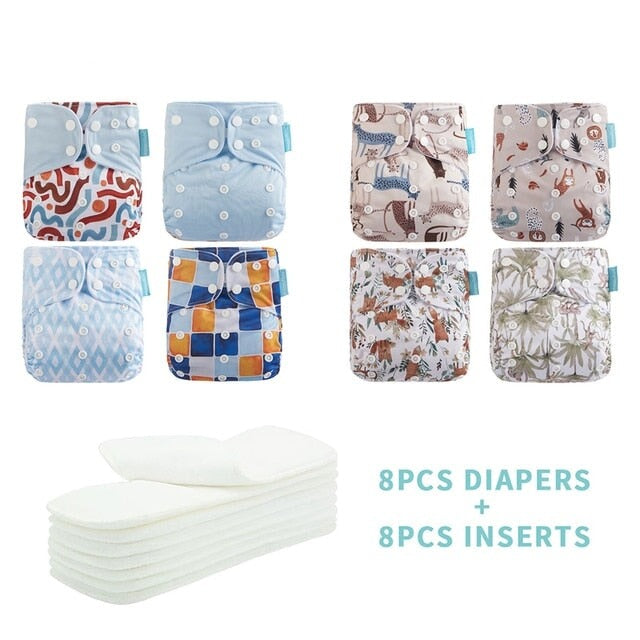 Reusable Cloth Nappies & Inserts x8 Set Cloth Diaper Best Nappy Bags Light Blue + Animals
