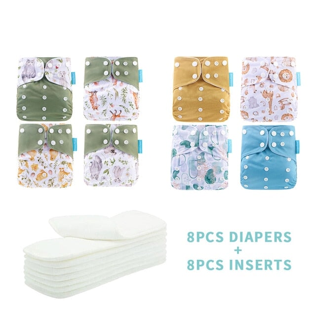 Reusable Cloth Nappies & Inserts x8 Set Cloth Diaper Best Nappy Bags Olive Green + Mix
