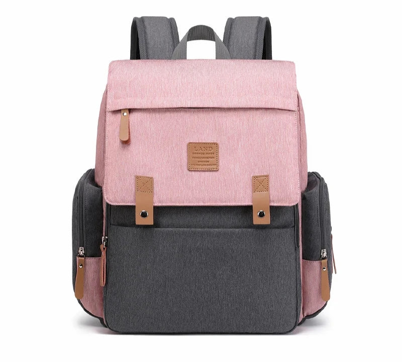 LAND Waterproof Nappy Bag Backpack With Changing Mat! Nappy Bags Best Nappy Bags Pink + Grey 