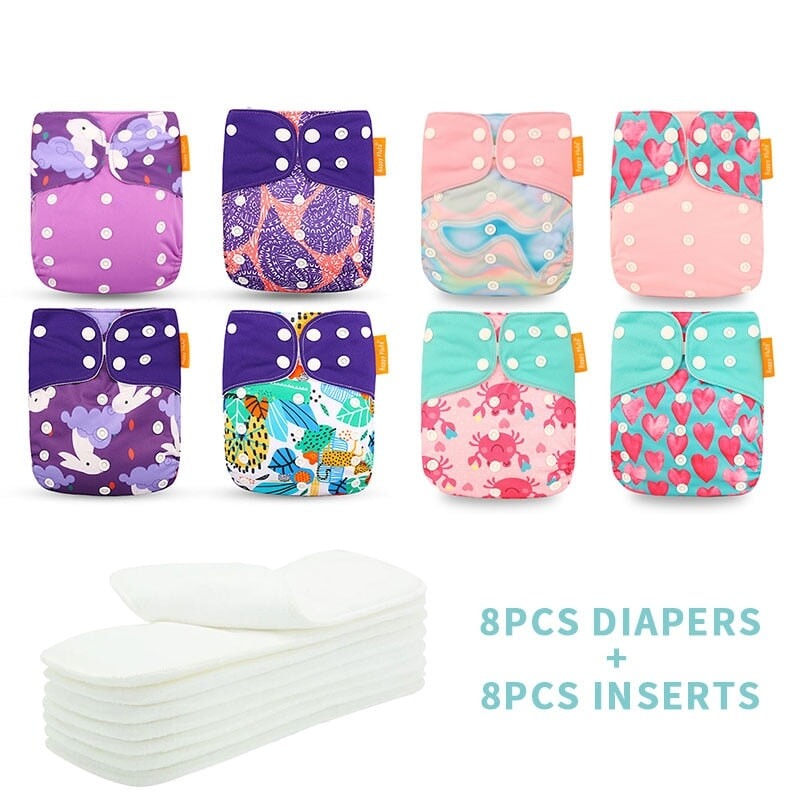 Reusable Cloth Nappies &amp; Inserts x8 Set Cloth Diaper Best Nappy Bags 
