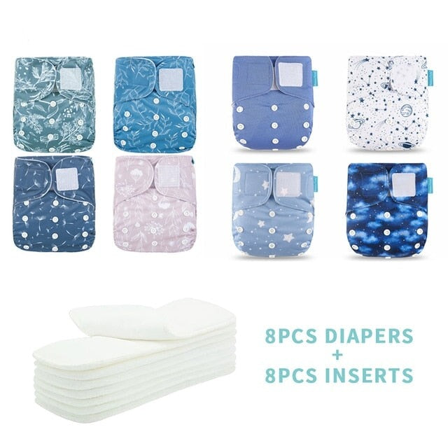 Reusable Cloth Nappies & Inserts x8 Set Cloth Diaper Best Nappy Bags Blue + Pink + Purple 