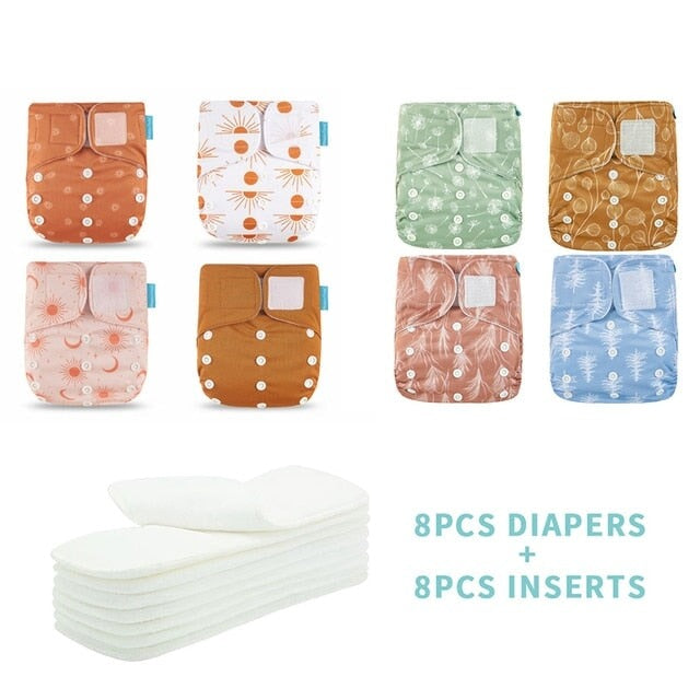 Reusable Cloth Nappies &amp; Inserts x8 Set Cloth Diaper Best Nappy Bags Caramel + Green 