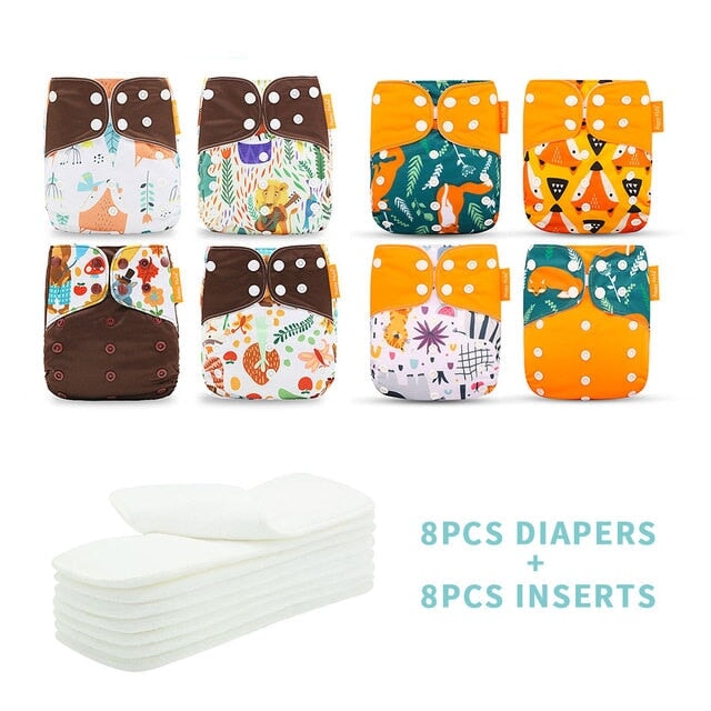 Reusable Cloth Nappies & Inserts x8 Set Cloth Diaper Best Nappy Bags Chocolate + Pumpkin 
