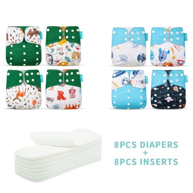 Reusable Cloth Nappies & Inserts x8 Set Cloth Diaper Best Nappy Bags Green + Blue 