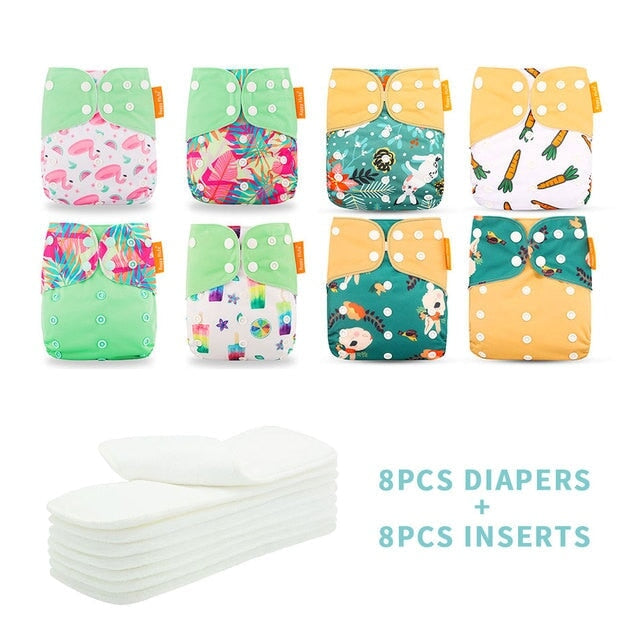 Reusable Cloth Nappies &amp; Inserts x8 Set Cloth Diaper Best Nappy Bags Green + Yellow 