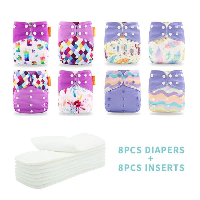 Reusable Cloth Nappies & Inserts x8 Set Cloth Diaper Best Nappy Bags Pink + Purple 