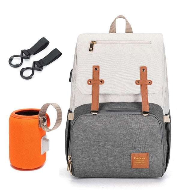 Waterproof Nappy Bag Backpack With Bottle Warmer! Diaper Bags Best Nappy Bags Creme and Grey 