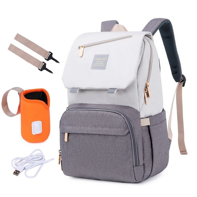 Waterproof Nappy Bag Backpack With Bottle Warmer! Diaper Bags Best Nappy Bags Creme & Grey 